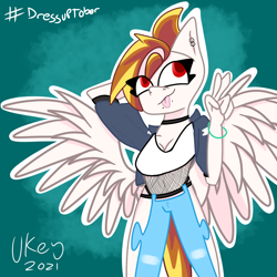 Size: 1280x1280 | Tagged: safe, artist:ukedideka, derpibooru import, oc, oc:lumen afterglow, anthro, pegasus, bracelet, clothes, ear piercing, female, inktober, inktober 2021, jewelry, peace sign, pegasus oc, piercing, red eyes, simple background, solo, spread wings, tongue, tongue out, wings