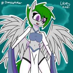 Size: 1280x1280 | Tagged: safe, artist:ukedideka, derpibooru import, oc, oc:quizzical aphre, anthro, pegasus, clothes, eye clipping through hair, inktober 2021, pegasus oc, simple background, socks, solo, spread wings, thigh highs, wings