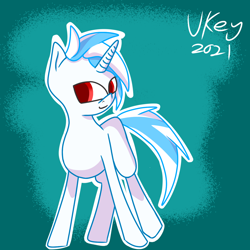 Size: 1280x1280 | Tagged: safe, artist:ukedideka, derpibooru import, oc, oc:glo prizmatica, pony, unicorn, alternate hairstyle, ears up, eye clipping through hair, looking at you, male, red eyes, simple background, smiling, solo, standing