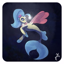 Size: 4096x4096 | Tagged: safe, artist:jearknds, derpibooru import, princess skystar, pony, seapony (g4), my little pony: the movie, bioluminescent, blue background, blue mane, dorsal fin, female, fin wings, fins, fish tail, flower, flower in hair, flowing mane, flowing tail, glowing, jewelry, necklace, ocean, pearl necklace, signature, simple background, smiling, solo, swimming, tail, underwater, water, wings
