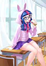 Size: 2672x3840 | Tagged: safe, artist:dstears, derpibooru import, twilight sparkle, human, bubble tea, classroom, clothes, cute, cutie mark, cutie mark on clothes, drink, drinking, glasses, hoodie, humanized, legs, schrödinger's pantsu, skirt, sticker, twiabetes