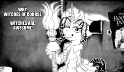 Size: 1250x725 | Tagged: safe, artist:jamescorck, derpibooru import, oc, oc:movie slate, pony, unicorn, broom, clothes, costume, female, mare, monochrome, nightmare night costume, solo, witch costume