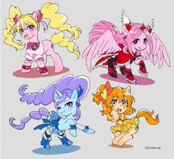 Size: 1129x1036 | Tagged: safe, artist:5mmumm5, derpibooru import, earth pony, pegasus, pony, unicorn, anime, clothes, cure berry, cure passion, cure peach, cure pine, eas (fresh precure), fresh precure, fresh pretty cure, inori yamabuki, love momozono, miki aono, one eye closed, open mouth, pigtails, ponified, precure, pretty cure