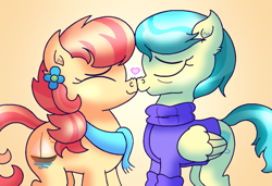Size: 2631x1800 | Tagged: safe, artist:iceflower99, derpibooru import, aunt holiday, auntie lofty, earth pony, pegasus, pony, boop, clothes, couple, eyes closed, female, heart, lesbian, married couple, noseboop, scarf, sweater