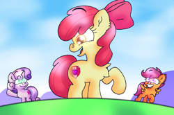 Size: 2880x1911 | Tagged: safe, artist:bugflower99, artist:iceflower99, derpibooru import, apple bloom, scootaloo, sweetie belle, earth pony, pegasus, pony, unicorn, cutie mark crusaders, female, filly, grin, open mouth, open smile, raised hoof, raised leg, smiling, waving