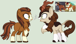 Size: 1280x745 | Tagged: safe, artist:angellight-bases, artist:venomtwt-artistowo, derpibooru import, screencap, autumn blaze, trouble shoes, oc, kirin, pony, base used, character design, cigarette, female, offspring, parent:autumn blaze, parent:trouble shoes, shipping, simple background, smoking