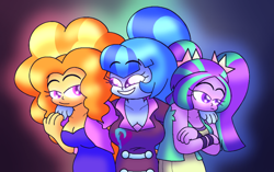 Size: 4385x2750 | Tagged: safe, artist:iceflower99, derpibooru import, adagio dazzle, aria blaze, sonata dusk, equestria girls, rainbow rocks, arm around neck, breasts, crossed arms, cute, female, happy, hug, smiling, sonata bust, sonatabetes, the dazzlings, trio, varying degrees of amusement