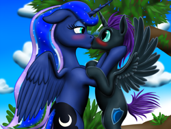 Size: 1600x1200 | Tagged: safe, artist:vasillium, derpibooru import, princess luna, oc, oc:nox, oc:nyx, alicorn, pony, alicorn oc, blushing, canon x oc, female, horn, kissing, lunox, lunyx, male, rule 63, shipping, wings