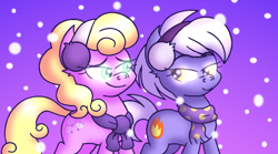 Size: 3600x2000 | Tagged: safe, artist:iceflower99, derpibooru import, burning passion, millie, earth pony, pony, best gift ever, clothes, duo, earmuffs, scarf, scene interpretation, snow, snowfall