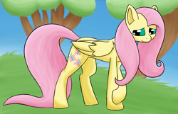 Size: 936x601 | Tagged: safe, artist:puppyhowler, derpibooru import, fluttershy, pegasus, pony, female, solo, tree