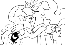 Size: 720x500 | Tagged: safe, artist:iceflower99, derpibooru import, princess celestia, princess luna, alicorn, pony, crown, ethereal mane, ethereal tail, horn, hug, jewelry, monochrome, regalia, sibling love, siblings, simple background, sisterly love, sisters, sketch, white background, wings