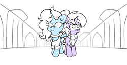 Size: 2340x1200 | Tagged: safe, artist:iceflower99, derpibooru import, oc, oc only, oc:buggy brush, oc:darky spell, original species, pony, unicorn, bow, canterlot castle, chest fluff, choker, daemonequus, hair bow, horn, sketch, wings