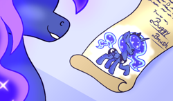 Size: 4000x2333 | Tagged: safe, artist:iceflower99, derpibooru import, princess luna, alicorn, pony, letter, smiling