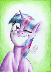Size: 1658x2328 | Tagged: safe, artist:3500joel, derpibooru import, twilight sparkle, pony, ambiguous race, big grin, female, grin, one eye closed, smiling, solo, traditional art, wink