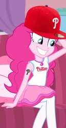 Size: 318x614 | Tagged: safe, derpibooru import, edit, edited screencap, screencap, pinkie pie, better together, equestria girls, pinkie sitting, baseball cap, cap, clothes, hat, mlb, philadelphia phillies, sitting, smiling, solo, tanktop, tattoo