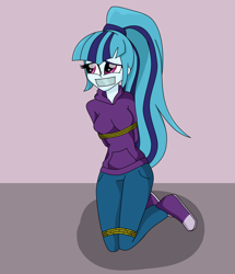 Size: 1640x1908 | Tagged: safe, artist:splendidbondage, derpibooru import, sonata dusk, equestria girls, arm behind back, bondage, bound and gagged, clothes, converse, female, gag, kneeling, rope, rope bondage, shoes, solo, tape, tape gag, tied up