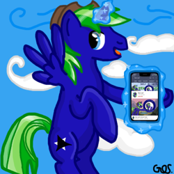 Size: 400x400 | Tagged: safe, artist:mudkip91/tetrahedron, derpibooru import, edit, oc, oc:new leaf, alicorn, pony, breeze, cellphone, cloud, cowboy hat, cute, day, flying, happy, hat, iphone, looking back, magic, magic aura, meta, phone, sky, smartphone, youtube, youtube banner, youtube channel, youtube video