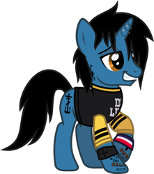 Size: 1078x1217 | Tagged: safe, artist:lightningbolt, derpibooru exclusive, derpibooru import, pony, unicorn, .svg available, clothes, danger days: the true lives of the fabulous killjoys, frank iero, grin, horn, horn piercing, lidded eyes, male, my chemical romance, piercing, ponified, raised hoof, raised leg, shirt, simple background, smiling, solo, stallion, svg, t-shirt, tattoo, transparent background, vector, wristband