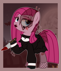 Size: 2054x2394 | Tagged: safe, artist:idkhesoff, derpibooru import, pinkie pie, earth pony, pony, alternate hairstyle, blood, choker, clothes, dress, ear piercing, earring, eyeshadow, female, fingerless gloves, fishnets, gloves, goth, hairpin, japanese, jewelry, knife, leggings, lipstick, makeup, mare, nose piercing, piercing, pinkamena diane pie, solo, spiked choker, tattoo, veil