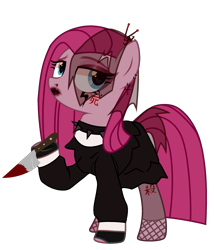 Size: 2054x2394 | Tagged: safe, alternate version, artist:idkhesoff, derpibooru import, pinkie pie, earth pony, pony, alternate hairstyle, blood, choker, clothes, dress, ear piercing, earring, eyeshadow, female, fingerless gloves, fishnet stockings, gloves, goth, hairpin, japanese, jewelry, knife, leggings, lipstick, makeup, mare, nose piercing, piercing, pinkamena diane pie, simple background, solo, spiked choker, tattoo, transparent background, veil