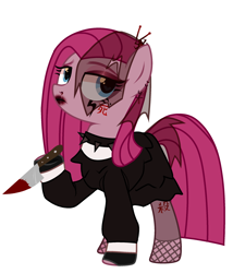 Size: 2054x2394 | Tagged: safe, alternate version, artist:idkhesoff, derpibooru import, pinkie pie, earth pony, pony, alternate hairstyle, blood, choker, clothes, dress, ear piercing, earring, eyeshadow, female, fingerless gloves, fishnets, gloves, goth, hairpin, japanese, jewelry, knife, leggings, lipstick, makeup, mare, nose piercing, piercing, pinkamena diane pie, simple background, solo, spiked choker, tattoo, veil, white background