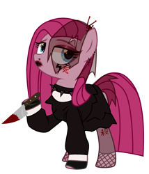 Size: 2054x2394 | Tagged: safe, alternate version, artist:idkhesoff, derpibooru import, pinkie pie, earth pony, pony, alternate hairstyle, blood, choker, clothes, dress, ear piercing, earring, eyeshadow, female, fingerless gloves, fishnet stockings, gloves, goth, hairpin, japanese, jewelry, knife, leggings, lipstick, makeup, mare, nose piercing, piercing, pinkamena diane pie, simple background, solo, spiked choker, tattoo, veil, white background