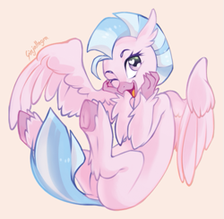 Size: 639x623 | Tagged: safe, artist:ginjallegra, derpibooru import, silverstream, hippogriff, beak, claws, cute, diastreamies, female, happy, heart eyes, looking at you, one eye closed, open beak, open mouth, open smile, simple background, smiling, smiling at you, solo, underhoof, wingding eyes