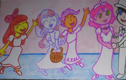 Size: 1280x813 | Tagged: safe, artist:dex stewart, derpibooru import, apple bloom, scootaloo, sweetie belle, human, equestria girls, chiro, cutie mark crusaders, jinmay, marriage, super robot monkey team hyperforce go!, traditional art, wedding