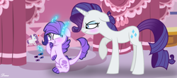 Size: 3674x1632 | Tagged: safe, artist:fadeddana, derpibooru import, rarity, oc, oc:crystal clarity, dracony, hybrid, pony, unicorn, caught, crayon, drawing, duo, female, interspecies offspring, kilalaverse, mother and child, mother and daughter, offspring, parent and child, parent:rarity, parent:spike, parents:sparity