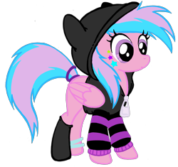 Size: 2523x2373 | Tagged: safe, artist:telasra, derpibooru import, oc, oc only, pegasus, pony, bracelet, clothes, female, hoodie, jewelry, mare, pegasus oc, ring, simple background, smiling, solo, tail, tail ring, tattoo, transparent background, wings