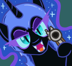Size: 303x280 | Tagged: safe, artist:jargon scott, derpibooru import, nightmare moon, alicorn, pony, close-up, delet this, fangs, female, frown, grin, gun, handgun, helmet, hi anon, holding, hoof hold, looking at you, mare, meme, open mouth, pistol, reaction image, revolver, solo, weapon