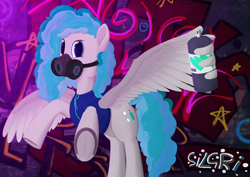 Size: 7016x4961 | Tagged: safe, artist:laykeen, derpibooru import, oc, oc:silver graffiti, pegasus, pony, clothes, gas mask, graffiti, grey fur, horseshoes, looking at you, mask, neon, solo, spray can, spray paint, sweater, wall