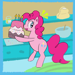 Size: 1200x1200 | Tagged: safe, artist:duckchip, derpibooru import, pinkie pie, surprise, earth pony, pony, bipedal, cake, candle, female, female focus, flour, food, kitchen, open mouth, simple background, solo, solo focus, sprinkles, surprised