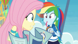 Size: 3410x1920 | Tagged: safe, derpibooru import, screencap, fluttershy, rainbow dash, better together, equestria girls, rollercoaster of friendship, clothes, drinking, female, hairpin, high res, hoodie