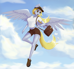 Size: 3000x2800 | Tagged: safe, artist:junglemango, derpibooru import, derpy hooves, anthro, pegasus, plantigrade anthro, breasts, clothes, cloud, derpy loaves, female, flying, hat, letter, mailbag, mailmare, mailmare uniform, mare, midriff, open mouth, shirt, shoes, shorts, sky, solo, wings