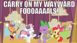 Size: 960x539 | Tagged: safe, editor:undeadponysoldier, apple bloom, scootaloo, spike, sweetie belle, band, carry on wayward son, concert, cutie mark crusaders, electric guitar, group singing, guitar, kansas, lyrics, micro, musical instrument, parody, props, singing, song parody, song reference, stage, they grow up so fast