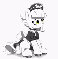 Size: 2484x2556 | Tagged: safe, artist:pabbley, derpibooru import, limestone pie, earth pony, pony, angry, bell, bell collar, black and white, choker, clothes, collar, dress, ear fluff, ears, female, frown, grayscale, hat, high res, hoof polish, looking away, maid, maid headdress, mare, monochrome, neo noir, partial color, simple background, sitting, socks, solo, white background