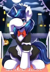 Size: 1400x2000 | Tagged: safe, artist:shadowreindeer, shining armor, pony, unicorn, apron, bow, clothes, costume, crossdressing, dress, femboy, frills, frilly dress, halloween, headress, holiday, maid, maid outfit, male, nightmare night, puffy sleeves, sissy, solo, stallion