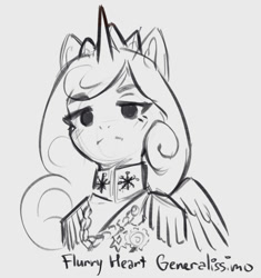 Size: 927x987 | Tagged: safe, artist:mrscroup, derpibooru import, princess flurry heart, alicorn, semi-anthro, clothes, cropped, crown, epaulettes, female, grayscale, jewelry, mare, military uniform, monochrome, older, older flurry heart, regalia, sketch, solo, uniform