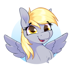 Size: 1800x1800 | Tagged: safe, artist:aquaticvibes, derpibooru import, derpy hooves, pegasus, pony, bust, chest fluff, cute, derp, derpabetes, eyebrows, eyebrows visible through hair, female, mare, open mouth, open smile, portrait, simple background, smiling, solo, spread wings, white background, wings