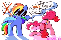 Size: 1280x853 | Tagged: safe, artist:mihar_34, derpibooru import, pinkie pie, rainbow dash, earth pony, pegasus, pony, censored vulgarity, dialogue, duo, grawlixes, meme, open mouth, redraw, simple background, smiling, speech bubble, sunglasses, swearing, vulgar, white background
