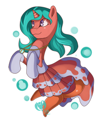 Size: 1024x1229 | Tagged: safe, artist:kenisu-of-dragons, derpibooru import, oc, oc only, merpony, seapony (g4), unicorn, bubble, clothes, commission, dress, fish tail, flowing mane, green mane, horn, jewelry, necklace, purple eyes, seaponified, simple background, smiling, solo, species swap, tail, transparent background