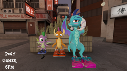 Size: 1920x1080 | Tagged: safe, artist:ponygamer2020, artist:ponygamersfm, derpibooru import, princess ember, smolder, spike, dragon, 3d, chinatown, city, clothes, colored wings, cool, dragon trio, dragoness, dragons wearing clothes, embarrassed, female, happy, looking at each other, looking back, male, shoes, smiling, smiling at each other, sneakers, source filmmaker, splatoon, trio, tsundember, tsundere, we don't normally wear clothes, winged spike, wings