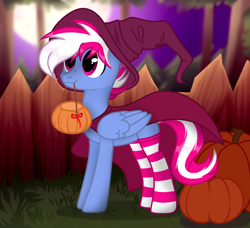 Size: 1800x1640 | Tagged: safe, artist:vizirka, derpibooru import, oc, oc only, oc:steam loco, pegasus, pony, clothes, commission, cute, folded wings, full moon, halloween, hat, holiday, male, moon, pegasus oc, pumpkin, pumpkin bucket, socks, solo, spooky, standing, striped socks, wings, witch hat, ych result