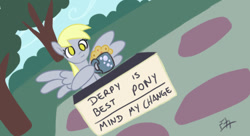 Size: 1112x607 | Tagged: safe, artist:zarohidehire, derpibooru import, derpy hooves, pegasus, pony, best pony, change my mind, food, hoof hold, intentional grammar error, muffin, mug, solo