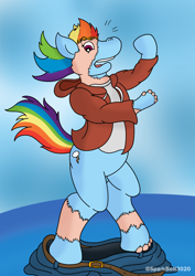 Size: 2480x3508 | Tagged: safe, artist:sparkbolt3020, derpibooru import, rainbow dash, human, pegasus, pony, belt, blue background, bottomless, clothes, ears, emanata, female, hoodie, hooves, human to pony, looking at self, looking down, male to female, mane, mare, mid-transformation, muzzle, nudity, open mouth, pants, pants down, partial nudity, rule 63, shirt, shocked, simple background, solo, species swap, surprised, tail, transformation, transgender transformation