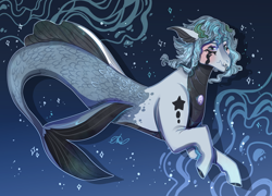 Size: 1500x1080 | Tagged: safe, artist:bunnari, derpibooru import, oc, oc only, hybrid, seapony (g4), siren, blue background, blue mane, bubble, commission, dorsal fin, female, fish tail, flowing tail, gem, looking at you, mermaid tail, signature, simple background, smiling, solo, tail, underwater, water