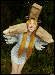 Size: 3088x4183 | Tagged: safe, artist:krazykari, derpibooru import, derpy hooves, human, clothes, cosplay, costume, food, irl, irl human, muffin, nightmare night costume, paper bag, paper bag wizard, photo, solo