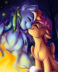 Size: 1080x1350 | Tagged: safe, artist:__regenbogen_, artist:regenbogen, derpibooru import, rainbow dash, scootaloo, pegasus, pony, best pony, bonfire, cute, eyes closed, female, filly, fire, foal, happy, heartwarming, mare, nuzzling, scootalove, sibling love, sisterly love, smiling