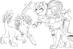 Size: 1280x853 | Tagged: safe, artist:schokocream, derpibooru import, oc, oc only, dracony, dragon, earth pony, hybrid, pony, unicorn, earth pony oc, eyepatch, female, fight, hat, horn, lineart, mare, mouth hold, simple background, sword, unicorn oc, weapon, white background